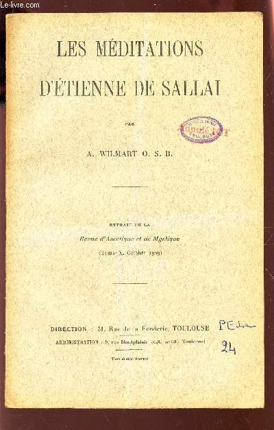 LES MEDITATIONS D'ETIENNE DE SALLAI / EXTRAIT DE LA REVUE D'ASCETIQUE ET DE MYSTIQUE (TOME X - octobre 1929).