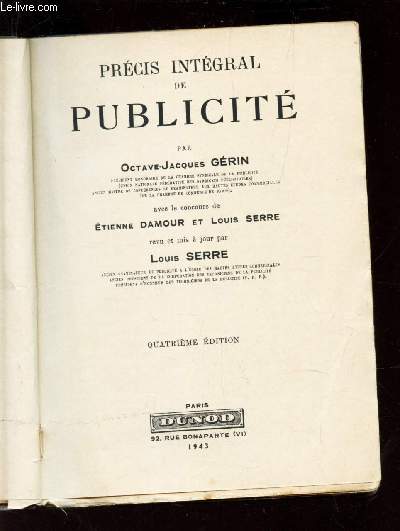 PRECIS INTEGRAL DE PUBLICITE - Avec le concours de Et. Damour et Louis Serre.