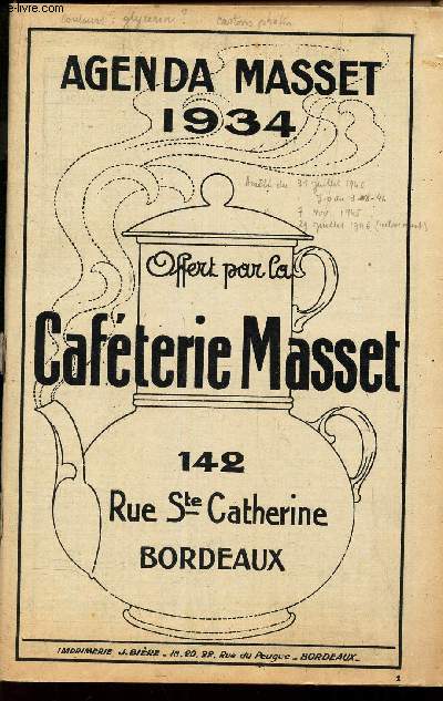 AGENDA MASSET 1934 - OFFERT PAR LA CAFETERIE MASSET