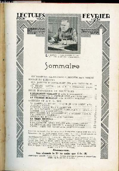 LECTURES POUR TOUS - FEVRIER 1931 / L'ANARCHISTE VAILLANT (1) / LA COLOMBE BURGONDE / LA TRIBUE INCONNUE etc...