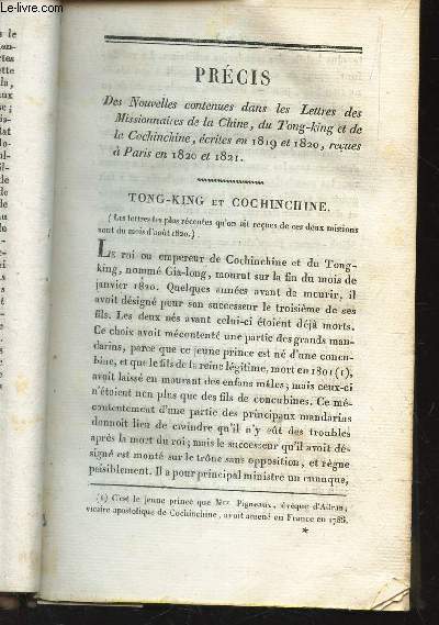 PRECIS des nouvelles conteniues dans les Lettres des Missionnaires de la Chine, du Tong-king, et de la Cocginchine, ecrites en 1819 et 1820, recues a Paris en 1820 et 1821 : TONG-KING et CONCHINCHINE.
