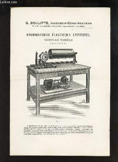 BORCHURE : ENREGISTREUR ELECTRIQUE UNIVERSEL NOUVEAU MODELE - (brevet S. G. D. G.) - G - BOULITTE .