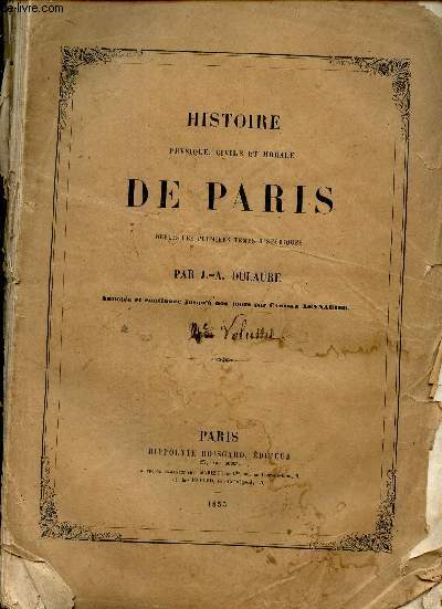 HISTOIRE PHYSIQUE CIVILE ET MORALE DE PARIS -4EME PARTIE. / DEPUIS LES PREMIERS TEMPS HISTORIQUES. / Collection 