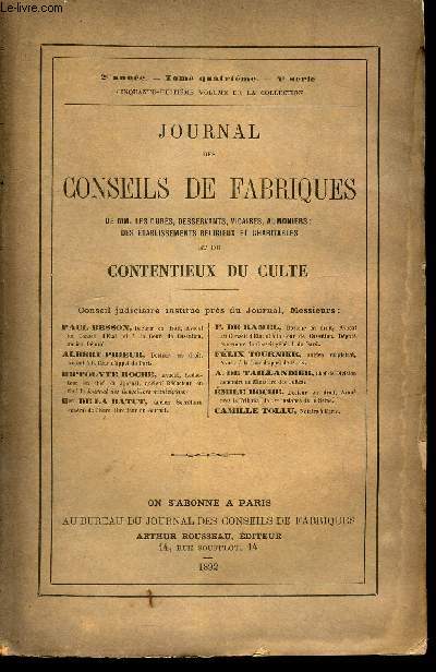 JOURNAL DES CONSEILS DE FABRIQUES - 2eme anne - TOME CINQUIEME - 4e SERIE - 58eme VOLUME DE LA COLLECTION.