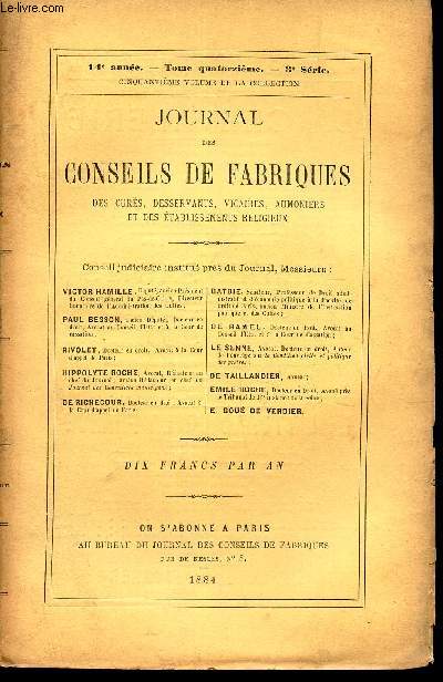 JOURNAL DES CONSEILS DE FABRIQUES - 14eme anne - TOME 14eme - 3e SERIE -50 eme VOLUME DE LA COLLECTION.