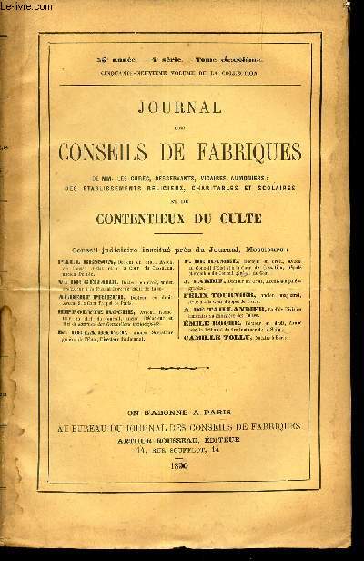 JOURNAL DES CONSEILS DE FABRIQUES - 56eme année - TOME 6 eme - 4e SERIE - 59eme VOLUME DE LA COLLECTION.