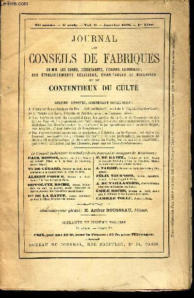 JOURNAL DES CONSEILS DE FABRIQUES - 61eme anne - TOME 7 eme - 4e SERIE - JANVIER 1895 - 1ere LIV.