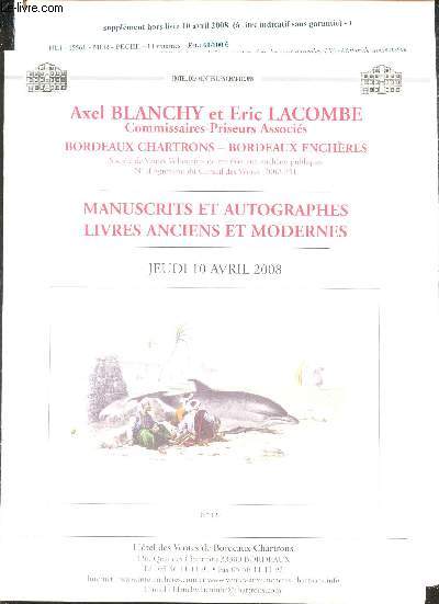 Catalogue de vente aux encheres - N127 - MANUSCRITS ET AUTOGRAPHES - LIVRES ANCIENS ET MODERNES - 10 AVRIL 2008 - BORDEAUX CHARTRONS.
