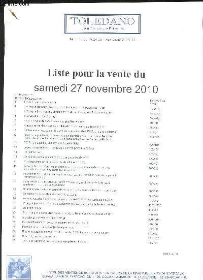 Listes pour la vente du samedi 27 novembre 2010 / N DE VENTE : 61 / Liste de bijoux , vaisselles et autres objets d'art et de decoration. / HOTEL DES VENTES A BORDEAUX.