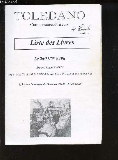 BROCHURE : Catalogue de ventes aux encheres - LISTE DES LIVRES - LE 26/11/2005.