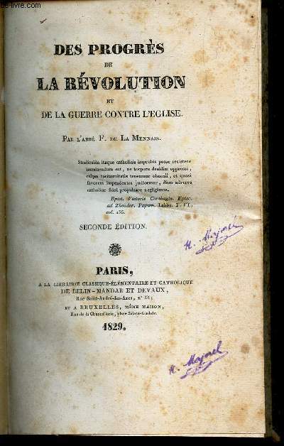 DES PROGRES DE LA REVOLUTION ET DE LA GUERRE CONTRE L'EGLISE / SECONDE EDITION.