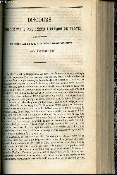 DISCOURS PRONONCE PAR MONSEIGNEUR L'EVEQUE DE TROYE a la ceremonie des Funerailles de S.A.I. le Prince Jerome BONAPARTE le mardi 3 juillet 1860 + INSTRUCTION SUR LES SUITES FUNESTES DE LA PROFANATION DU DIMANCHE.