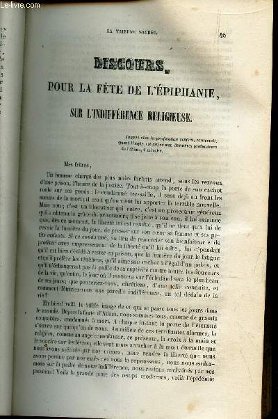 Discours pour la fete de l'Epiphanie sur l'indiffrence religieuse / Sermon sur le jour de l'Epiphanie / L'Epiphanie ou le jour des rois.