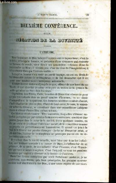 2e conference : negation de la divinit : l'Atheisme / 3e conference : Le Pantheisme / 4e conference : Le dualisme et le fatalisme - objections contre la providence.