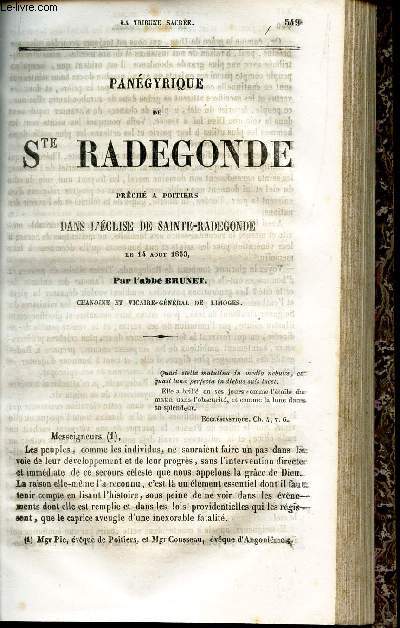 PANEGYRIQUE DE Ste RADEGONDE prch  Poitiers dans l'Elgise de Ste-Radegonde le 14 aout 1853 / LE CATECHISME.