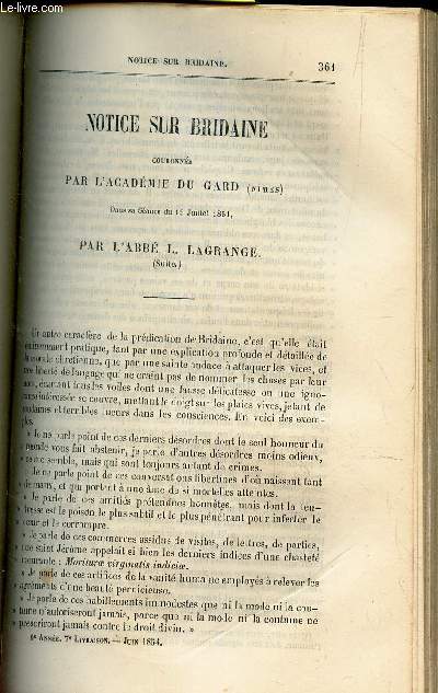 Notice sur Bridaine couronne par l'Acadmie du Gard .