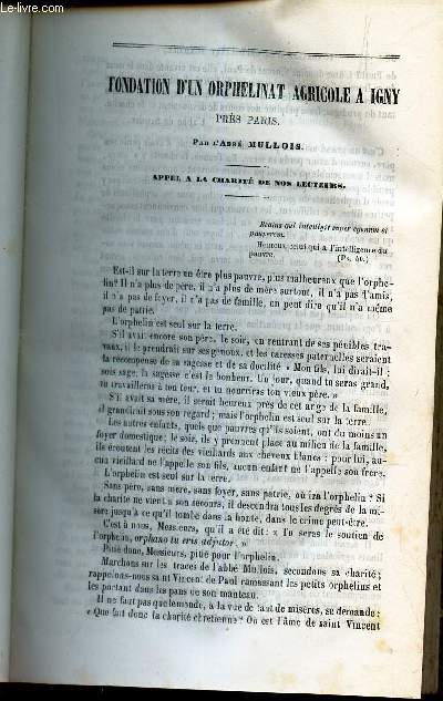 FONDATION D'UN ORPHELINAT AGRICOLE A IGNY pres Paris : appel a la charite de nos lecteurs / Nouvelles religieuses.