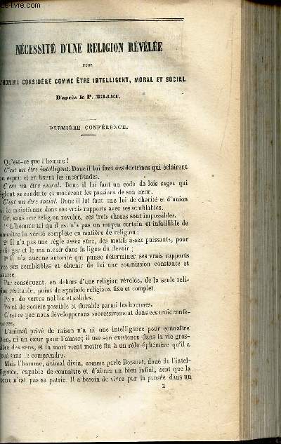 NECESSITE D'UNE RELIGION REVEILEE pour l'homme consifr comme etre intelligent, loral et moral (1 & 2 conferences) / Sermon pour la Pentecote