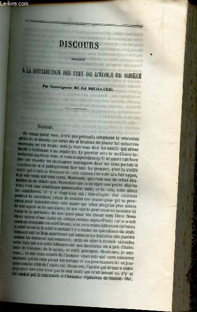 Discours prononc a la distribution des prix de l'Ecole de Soreze par Mgr de la Bouillerie / Reponse du R.P. LACORDAIRE au discours .