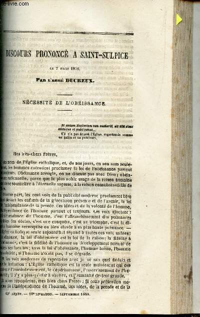 DISCOURS PRONONCE A SAINT-SULPICE le 7 mars 1838 - NECESSITE DE L'OBEISSANCE / LE CULTE DE LA SAITNE VIERGE : mandement