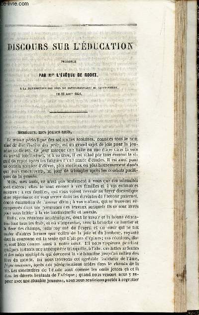 DISCOURS SUR L'EDUCATION - a la distribution des prix du petit seminaire de St Pierre le 16 aout 1858.