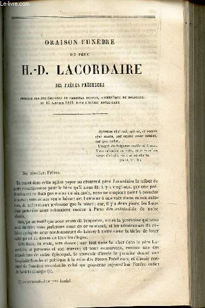 ORAISON FUNEBRE DE PERE H.D. LACORDAIRE DES FRERES PRECHEURS