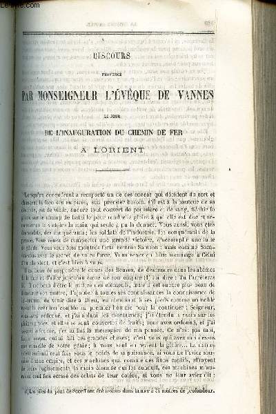 Discours prononc par Mgr l'eveque de Vannes le jour de l'inauguration du chemin de fer a Lorient / Homelie pour les 2, 3, 4, 5 e DIMANCHES APRES LA PENTECOTE / LETTRE PASTORALE DE Mgr L'EVEQUE D'AMIENS ET MANDEMENT