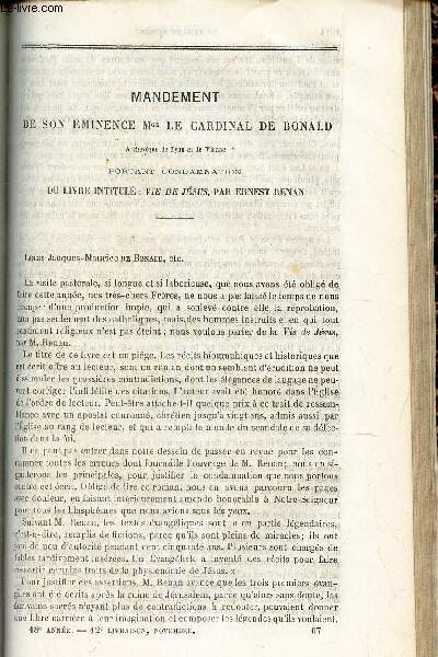 MANDEMENT DE SON EMINENCE Mgr LE CARDINAL DE BONALD portant condamnation du livre intitul : Vie de Jesus, par Ernest Renan.