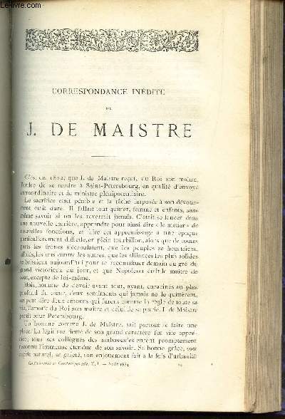 CORRESPONDANCE INEDITE DE J. DE MAISTRE / Memoire - A consulter sur l'Etat prsent de l'europe avec quelkques reflexions particulieres sur l'Italie / Francois Lenormant : Etudes orientales : le manuel d'historie ancienne voyage en Egypte - Le siege de ...