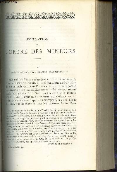 FONDATION DE L'ORDRE DES MINEURS : I - St Franois et ses premiers compagnons / La philosophie religieuse de la Perse sous les Rois Sassanides.