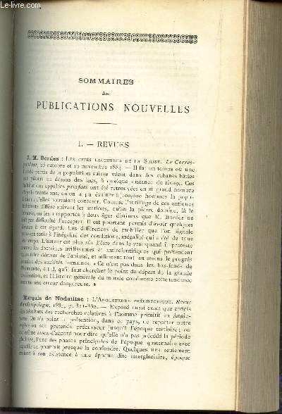 SOMMAIRES DES PUBLICATIONS NOUVELLES : Bordes J.M. - Marquis de Nadaillac - Lecoy de la Marche ... L'abb Fr. Amodru - J. Corluy / Nouvel Atlas de gographie lentaire... / CHRONIQUE POLITIQUE.