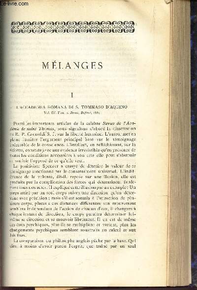MELANGES : I - L'accademia romana di S. Tommaso d'Aquino (vol IV fasc I Roma, Befani 1884) / II : La Jeanne d'Arc de M. Marius SepetIII : Education du clerg Anglican.