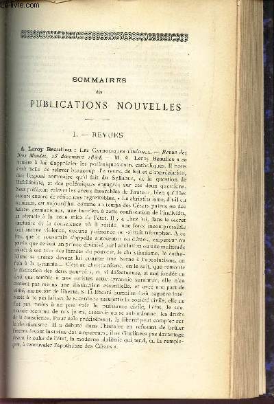SOMMAIRES DES PUBLICATIONS NOUVELLES : A. Leroy Beaulieu - M. Recolin - P. Godet - ...Faye - J.Rambaud - Ed. Perrier ...
