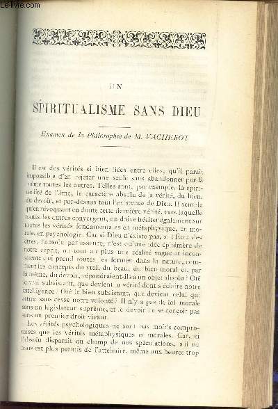 UN SPIRITUALISME SANS DIEU (examen de la Philosophie de M. Vacherot) / DU CAIRE A KHARTOUM - Souvenirs de voyage.