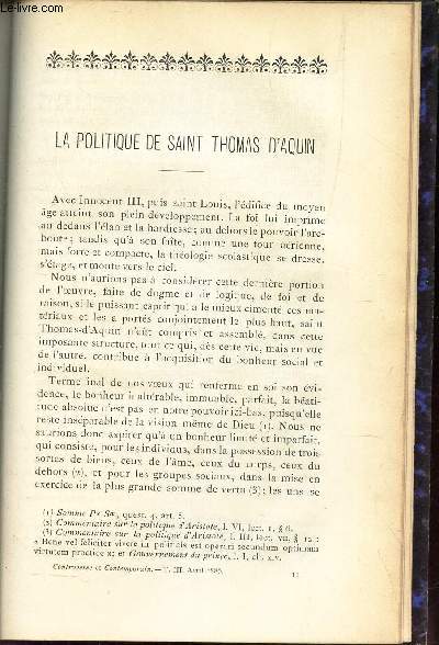 LA POLITIQUE DE SAINT THOMAS D'AQUIN / SOMMAIRES DES PUBLICATIONS NOUVELLES : Ernest Chantre - Duilh de Saint-Projet, R.P. Fr. Andr-Marie Meynard.