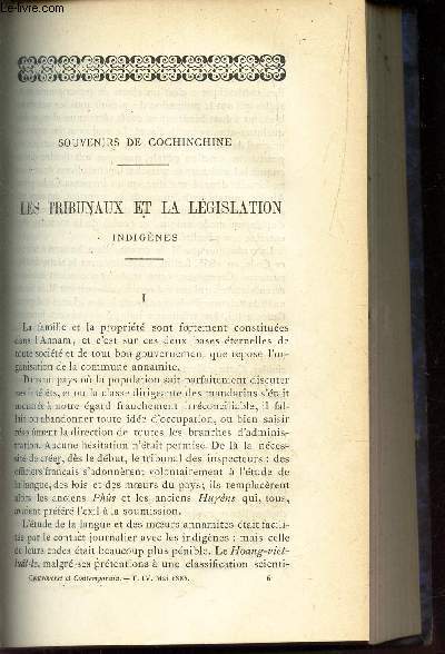 SOUVENIRS DE COCHINCHINE - LES TRIBUNAUX ET LA LEGISLATIN - INDIGENES / L'ENSEIGNEMENT PHILOSOPHIQUE ET LES ETUDES CLASSIQUES / MON SECOND TOUR DU MONDE : LA Tasmanie - L'Australie du Sud - Maurice - La runion - Aden.