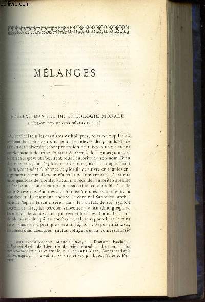 MELANGES - I : Nouveau manuel de theologie morale - a l'usage des grands sminaires.