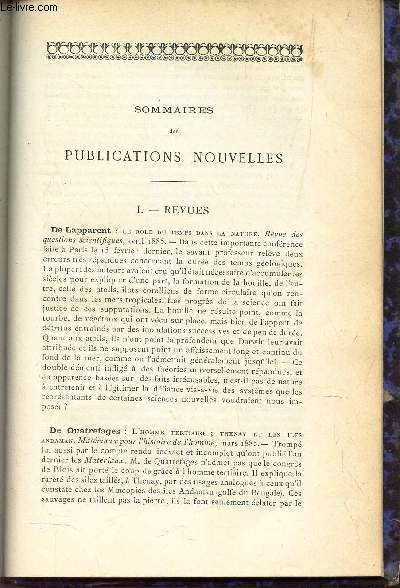 SOMMAIRES DES PUBLICATIONS NOUVELLES : De Lapparent - De Quatrefages - Aug. Lmann - E. Elie Philippe / CHRONIQUE POLITIQUE par M le Comte Henri de l'Epinois.