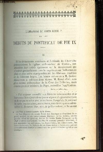 L'ambassade du Comte Rossi et les debuts du Pontificat de PIE IX (II) / Une philosophie du Droit social (I, II et III) / Mon second tour du monde : L'Egypte (chap VII  IX) / VOLTAIRE et ses attaques contre la Biblie (1er article)  suivre / MELANGES