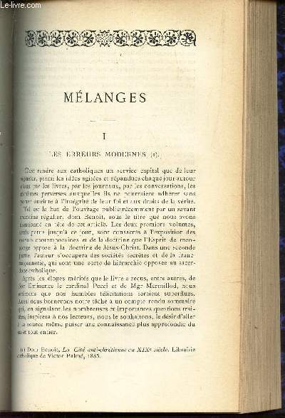 MELANGES : I - Les ereurs modernes - II -congrs des Catholiques de Normandie - III - une erreur au sujet de l'infaillibilit de l'Eglise.