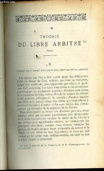 THEORIE DU LIBRE ARBITRE (suite) - II : L'homme est il libre? Discussion des preuves de la libert (a suivre)