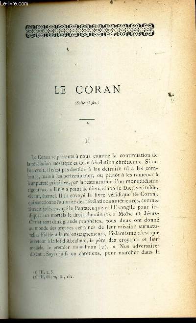 LE CORAN 5suite et fin) - II / De la nature des corps (I-II-III) / Les chapelles prives (intro - I : La loi du 18 germinal au X et le decret du 22 dec 1812)... / Bulletin litteraire : LA porte - Le pretre de Nmi / M de Rossi et l'hypoge de Poitiers ...