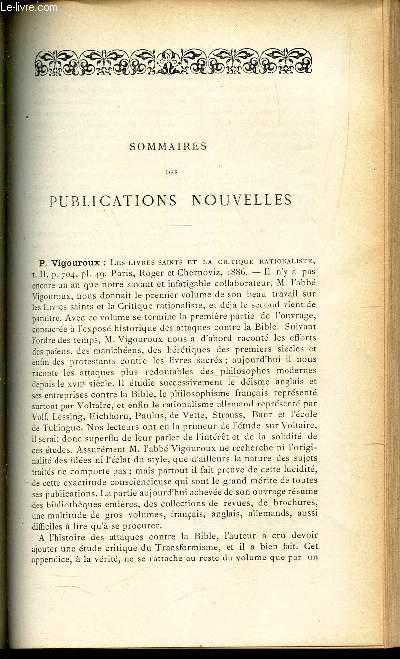 Sommaires des publications nouvelles / P. Rigouroux - Abb Laporte - Chardon, vicaire general - H.E. Gladstone - Denais.