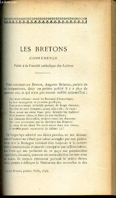 LES BRETONS - Conference faite a la facult catholique des letttres / L'archeologie prehistorique et l'antiquit de l'homme (suite) chap IV : Modifications zoologiques / Jean Gaultier l'appoticaire - Souvenirs lyonnais du XVIe siecle (1514-1522).