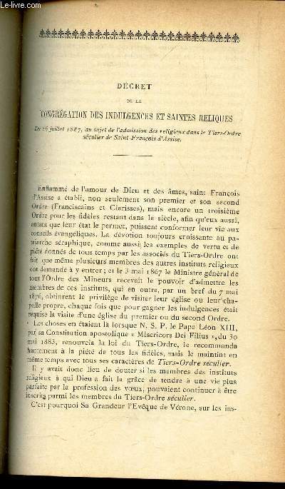 DECRET de la Congregation des indulgences et Saintes religieuses du 16 juillet 1887 / COURS D'HISTOIRE ECCLESIASTIQUE aux Facults catholiques de Lyon : leons d'ouverte.