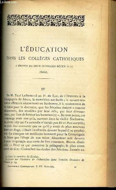 L'EDUCATION DANS LES COLLEGES CATHOLIQUES - A propos des 2 ouvrages recents (suite) - Chap. IVet V) .