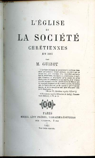 L'EGLISE ET LA SOCIETE CHRETIENNES EN 1861.