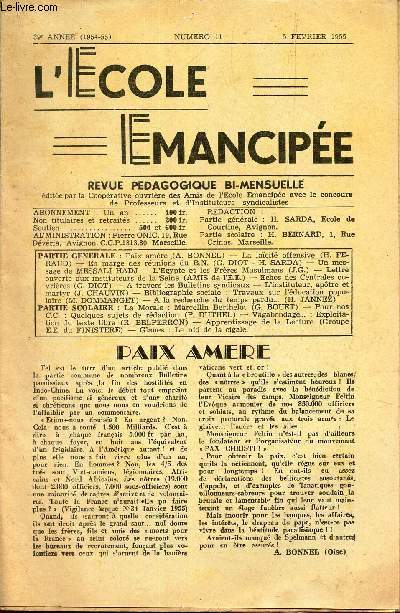 L'ECOLE EMANCIPEE - N11 - 5 fev 1955 / Paix amere / LA lacit offensive / L'Egypte et les freres musulmans / A la recherche du temps perdu ... 5H. Jannez) etc...