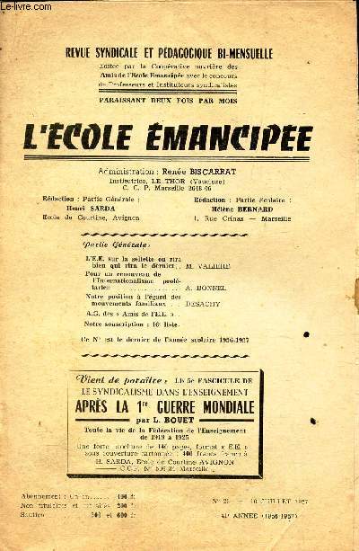 L'ECOLE EMANCIPEE - N23 - 10 juillet 1957 / Pour un renouveau de l'Internationalisme prletarien etc...