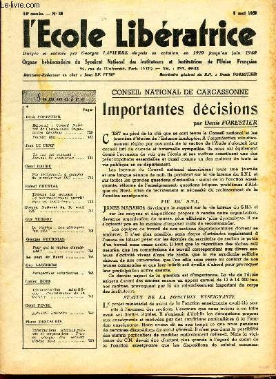 L'ECOLE LIBERATRICE - N20 (?) - 8 mai 1957 / Importantes decisions (conseil national de Carcassonne) / Sursaut de conscience / etc..